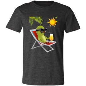 A dark gray T-shirt features a graphic of a relaxed green bird wearing sunglasses, lounging on a red deck chair, holding a drink with a straw under a bright yellow sun and green palm leaves. The scene evokes a summery, vacation vibe.