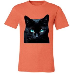 A coral-colored T-shirt features a vivid, square image of a black cat with bright blue, piercing eyes seen from the front. The cats intense gaze and glossy fur contrast sharply against the shirts solid background.