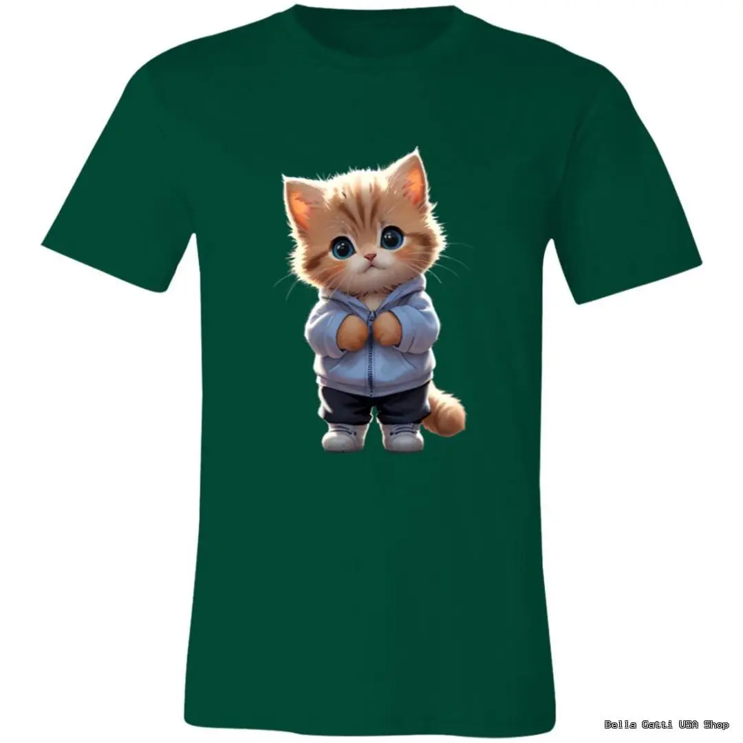 Cute kitten in hoodie on green t-shirt, Bella Gatti US Shop.