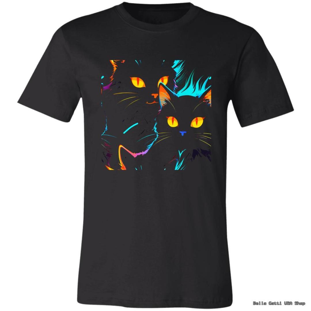 Colorful cat design on black t-shirt, Bella Gatti US Shop