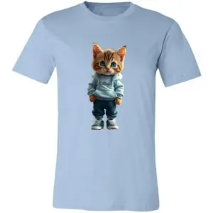 Light blue t-shirt featuring a cute illustration of an orange tabby kitten standing upright, wearing a light hoodie, blue pants, and sneakers, centered on the chest. The kitten has big blue eyes and a cheerful expression.