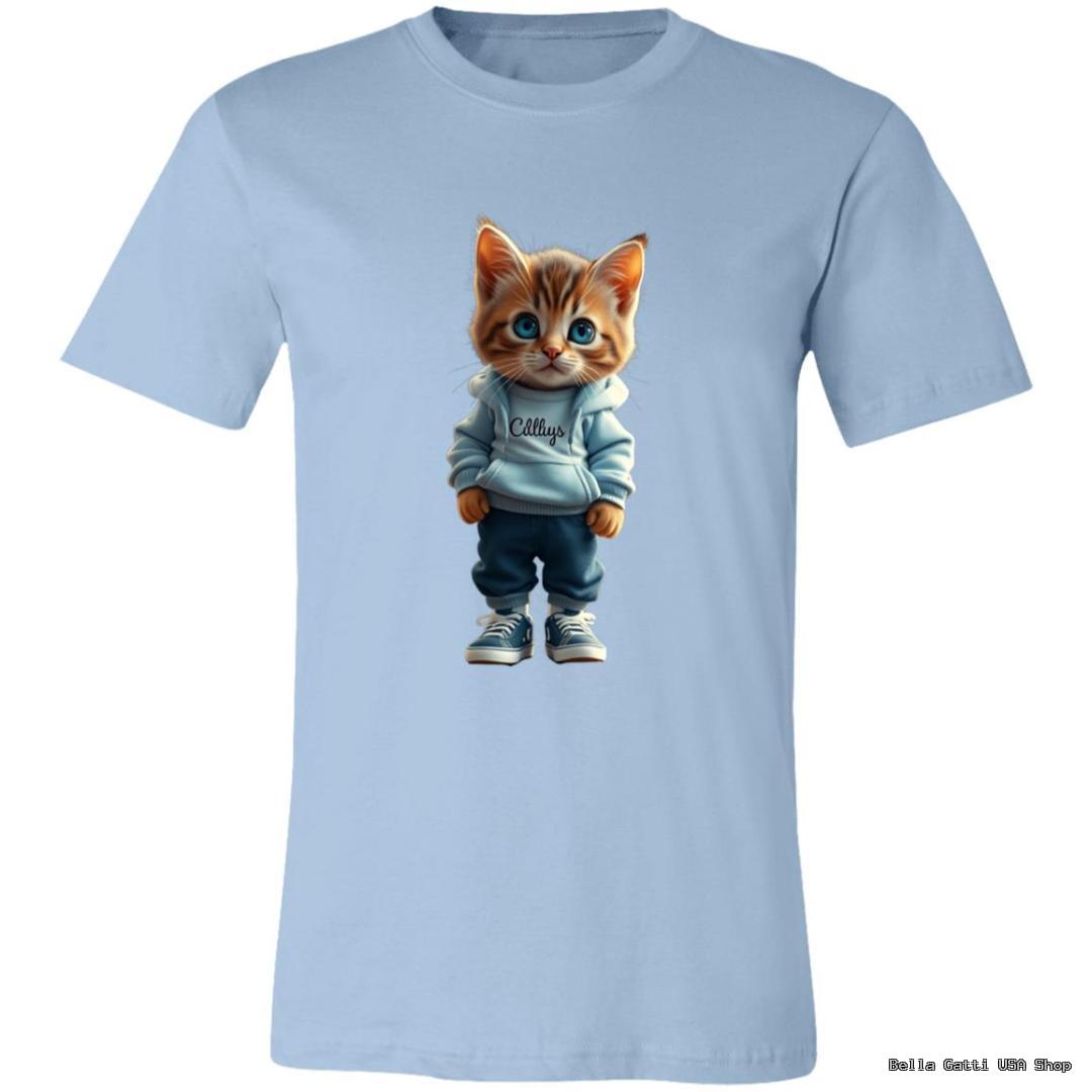 Light blue t-shirt featuring a cute illustration of an orange tabby kitten standing upright, wearing a light hoodie, blue pants, and sneakers, centered on the chest. The kitten has big blue eyes and a cheerful expression.