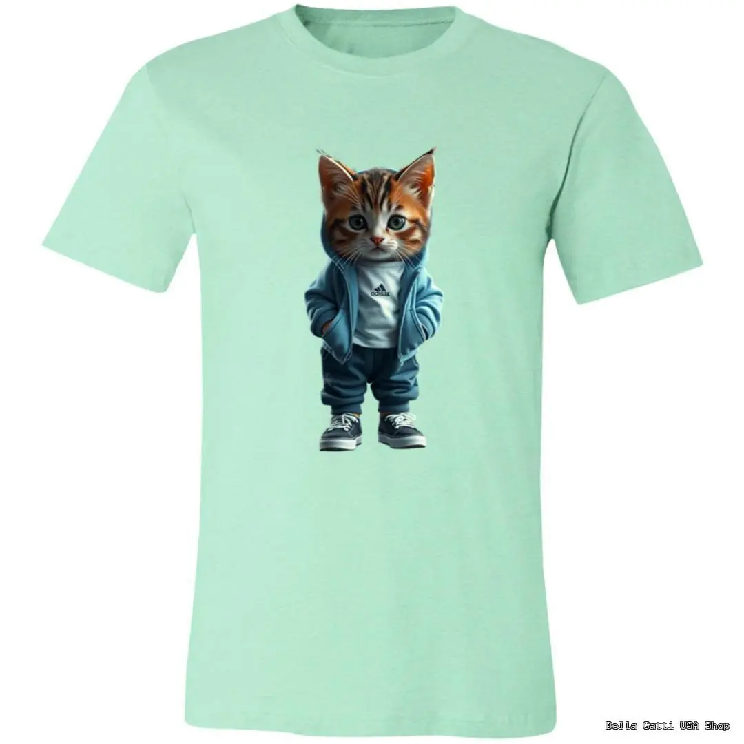 Mint green t-shirt with a cute cat in a hoodie, Bella Gatti US Shop.