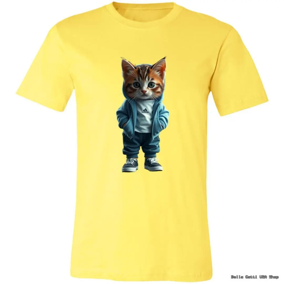 Yellow t-shirt with a cute cat in a hoodie, Bella Gatti US Shop