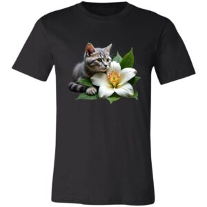 A black t-shirt features a graphic of a gray tabby cat resting beside a large white lily with green leaves, centered on the chest. The cat looks alert and curious, with its front paws near the flower.