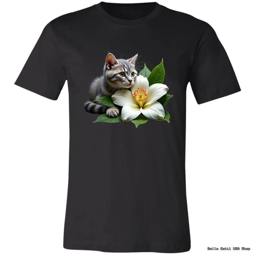 A black t-shirt features a graphic of a gray tabby cat resting beside a large white lily with green leaves, centered on the chest. The cat looks alert and curious, with its front paws near the flower.