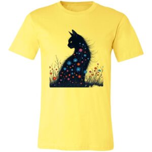 A yellow T-shirt features a graphic of a black cat with glowing yellow eyes, its body filled with colorful flowers and surrounded by wildflowers, blending nature and feline imagery. The design contrasts vibrantly against the shirt’s bright background.