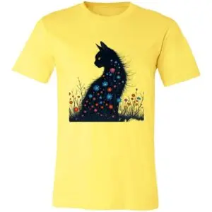 A yellow T-shirt features a graphic of a black cat with glowing yellow eyes, its body filled with colorful flowers and surrounded by wildflowers, blending nature and feline imagery. The design contrasts vibrantly against the shirt’s bright background.