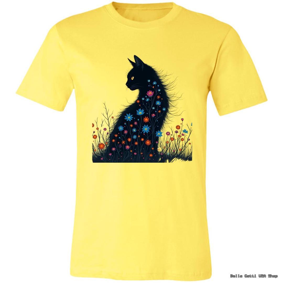 A yellow T-shirt features a graphic of a black cat with glowing yellow eyes, its body filled with colorful flowers and surrounded by wildflowers, blending nature and feline imagery. The design contrasts vibrantly against the shirt’s bright background.