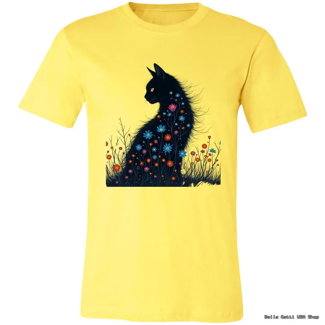 A yellow T-shirt features a graphic of a black cat with glowing yellow eyes, its body filled with colorful flowers and surrounded by wildflowers, blending nature and feline imagery. The design contrasts vibrantly against the shirt’s bright background.