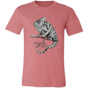 A dusty pink T-shirt featuring a detailed black and white illustration of a bearded dragon lizard perched on a branch, with its tail curving underneath. The lizards scales and stripes are realistically rendered against the plain shirt background.