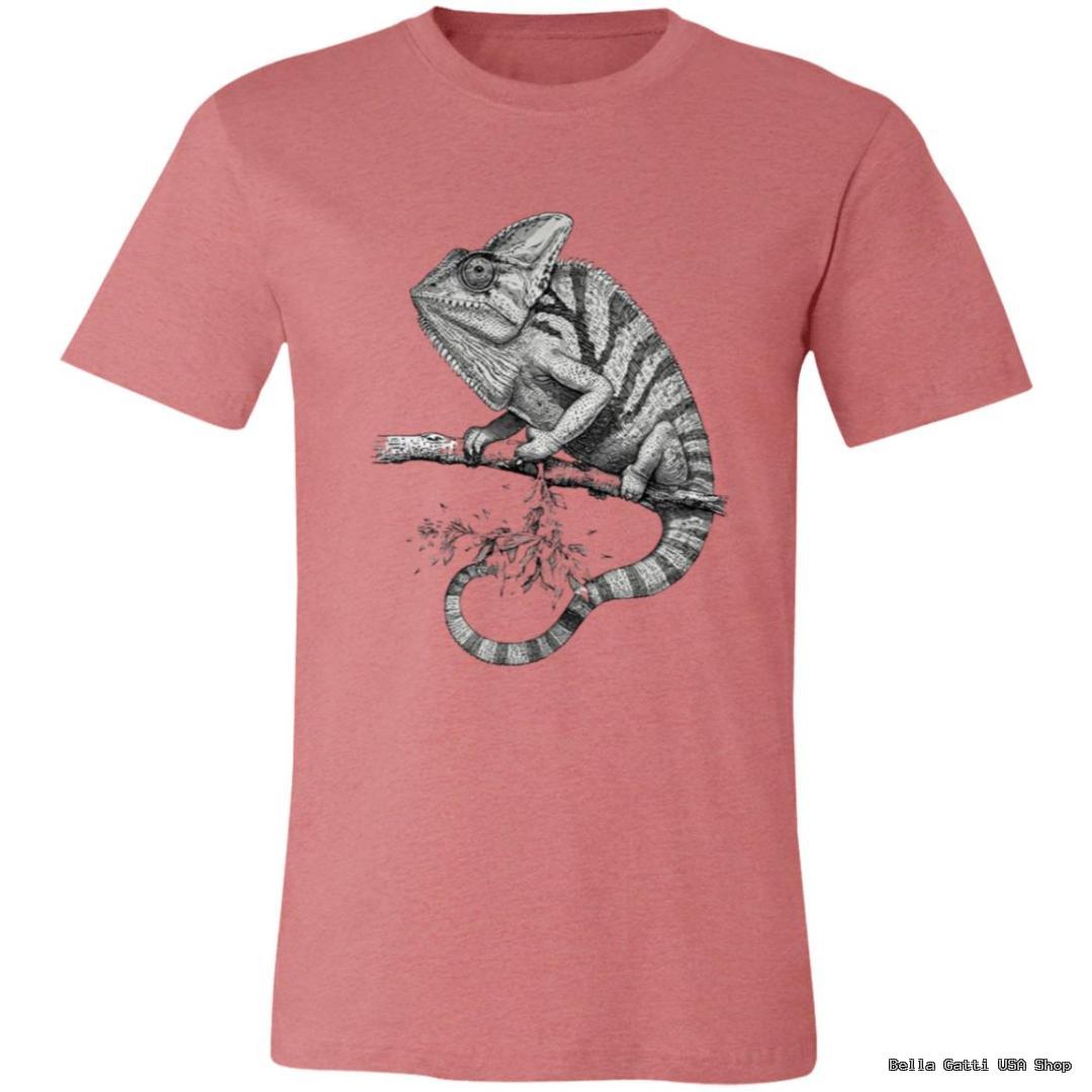 A dusty pink T-shirt featuring a detailed black and white illustration of a bearded dragon lizard perched on a branch, with its tail curving underneath. The lizards scales and stripes are realistically rendered against the plain shirt background.