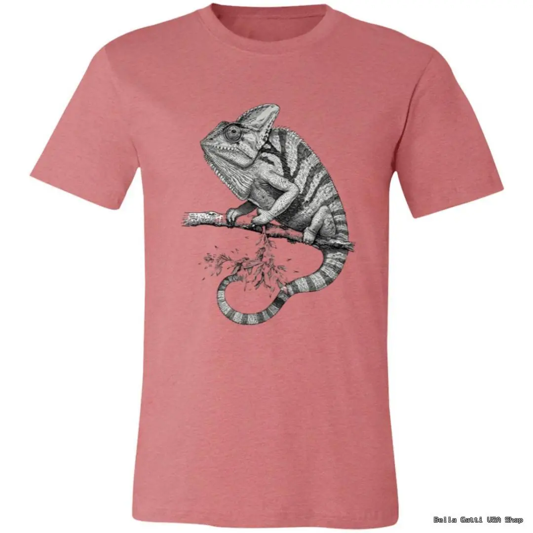A dusty pink T-shirt featuring a detailed black and white illustration of a bearded dragon lizard perched on a branch, with its tail curving underneath. The lizards scales and stripes are realistically rendered against the plain shirt background.