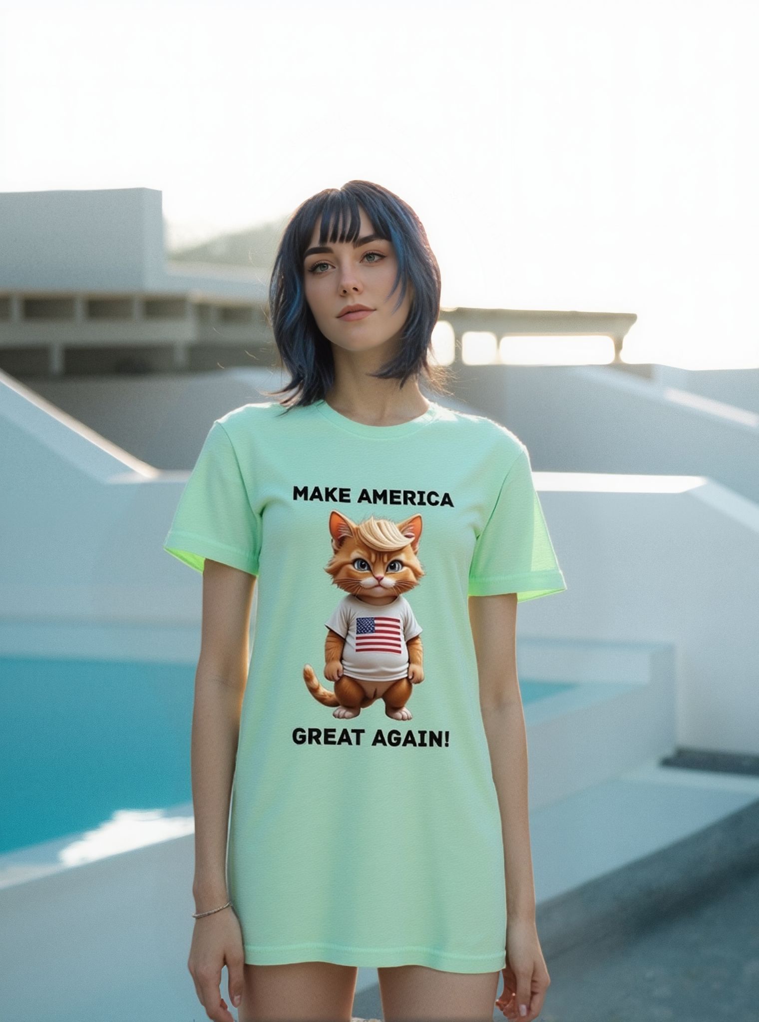 Woman wearing cat-themed political T-shirt near pool.