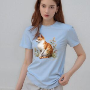 Woman wearing a blue Bella Gatti US Shop t-shirt with a cat design.