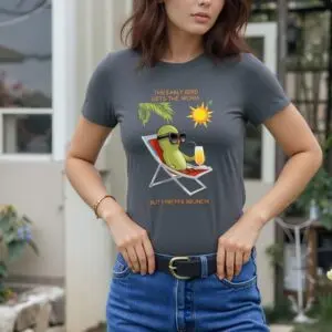 Woman wearing Bella Gatti US Shop t-shirt with a humorous design.