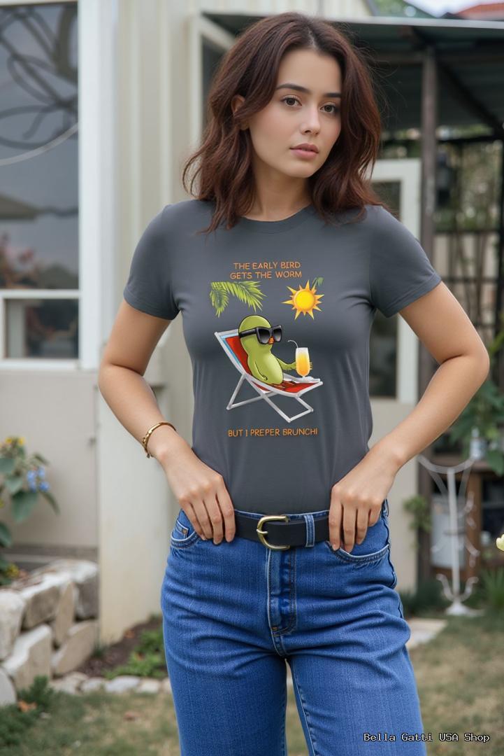 Woman wearing Bella Gatti US Shop t-shirt with a humorous design.