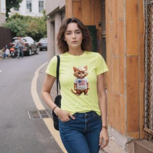 Woman wearing a yellow Bella Gatti US Shop t-shirt with a cat design.