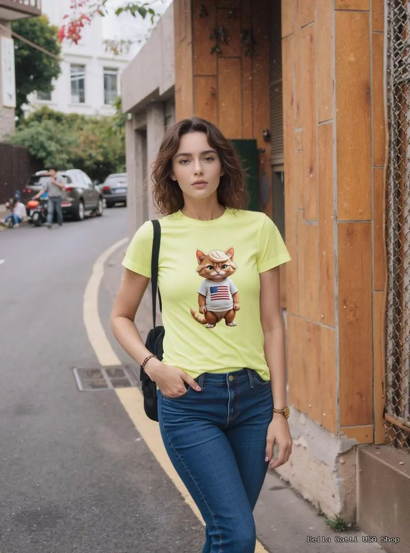 Woman wearing a yellow Bella Gatti US Shop t-shirt with a cat design.