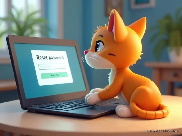 A cute cartoon orange cat sits at a desk, using a laptop with a “reset password” form on the screen. The cozy, sunlit room, filled with plants and cheerful decor, creates a playful and friendly atmosphere.