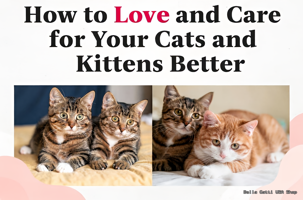 A title reads, How to Love and Care for Your Cats and Kittens Better. Below are two photos: one of two tabby cats lying side by side, and another showing cat care as a tabby and an orange cat cuddle on a bed. The background is light with pink accents.