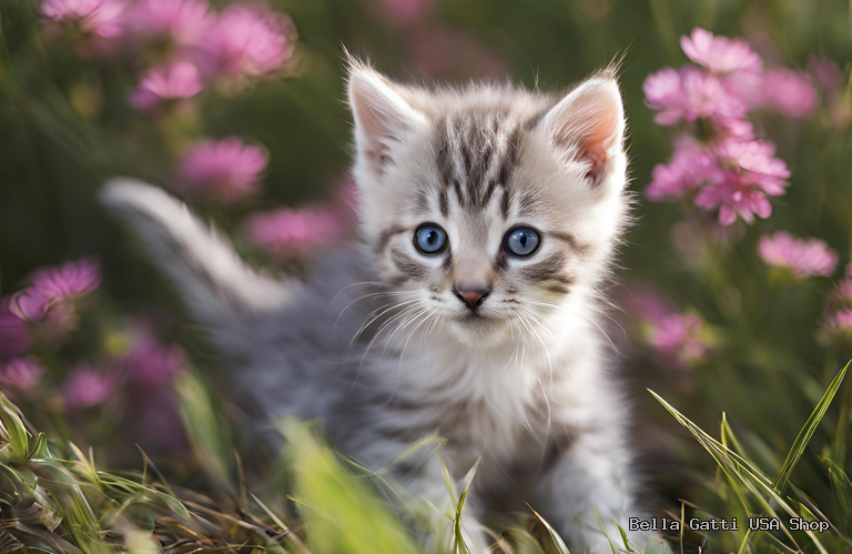 A fluffy gray tabby kitten with blue eyes sits in a field of pink flowers and green grass, looking at the camera. The dreamy, springtime scene is purr-fect for cat quotes and captures true feline passion.