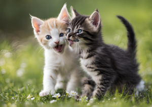 Two playful kittens walk on green grass; one orange and white, one gray striped. The striped kitten gently nibbles the other’s ear. Both have alert ears—perfect subjects for anyone seeking kitten care or playful kitten tips. White flowers dot the scene.