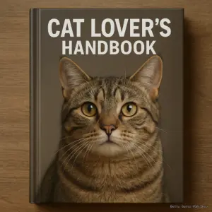 A hardcover book titled CAT LOVERS HANDBOOK lies on a wooden surface. The cover features a close-up photo of a tabby cat, its yellow-green eyes and alert ears reflecting curiosity—perfect for anyone interested in cat behavior and feline health.