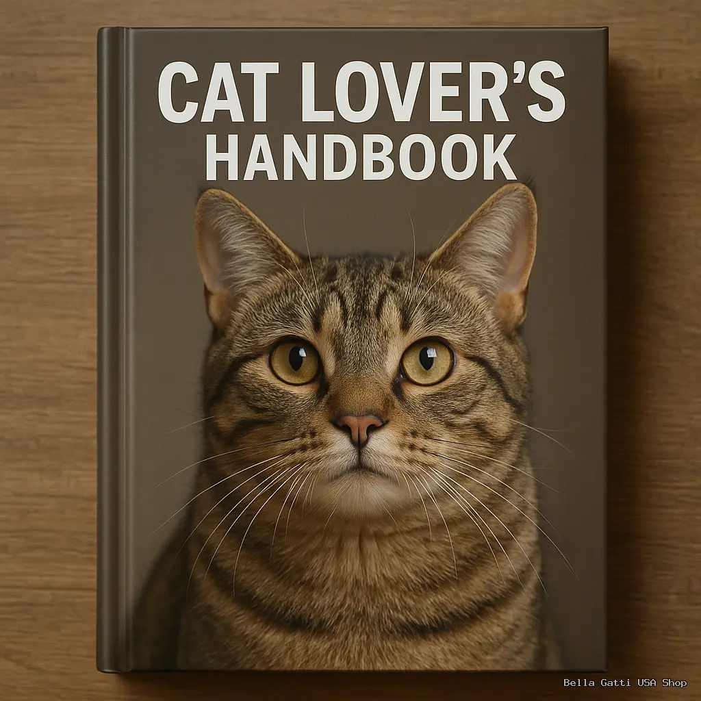 A hardcover book titled CAT LOVERS HANDBOOK lies on a wooden surface. The cover features a close-up photo of a tabby cat, its yellow-green eyes and alert ears reflecting curiosity—perfect for anyone interested in cat behavior and feline health.