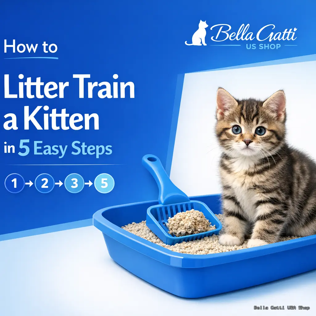 A small tabby kitten sits in a blue litter box filled with clumping litter. A blue scoop rests on the edge. The background is blue with white text that reads, “How to Litter Train a Kitten in 5 Easy Steps.” A white cat logo and Bella Gatti US Shop appear at the top right.