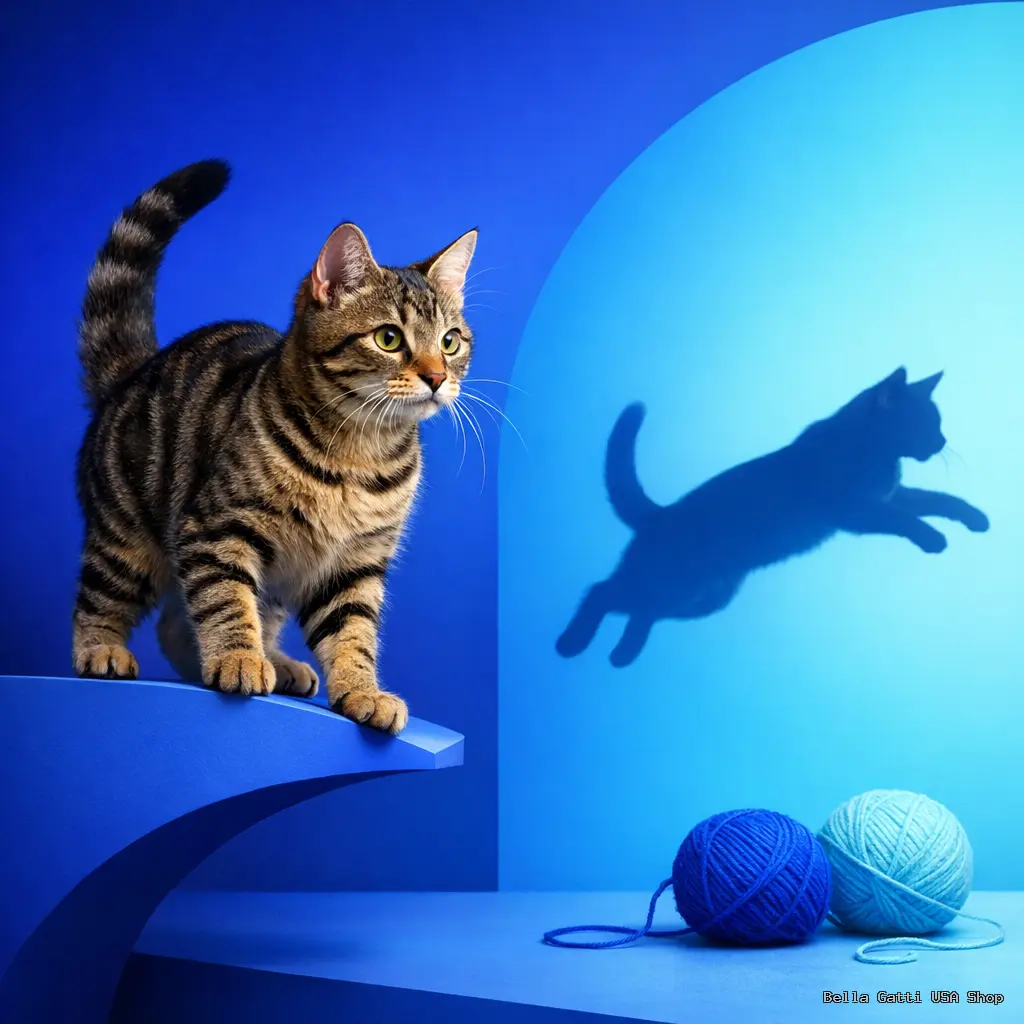 Cat with shadow and yarn balls, blue background.