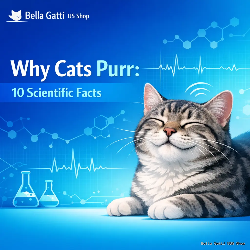 Smiling cat with scientific facts about purring.
