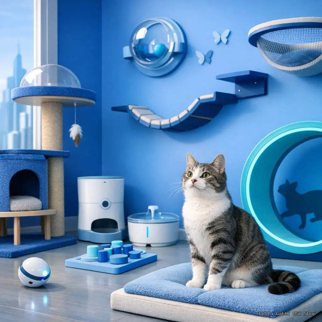 Cat in a playful blue-themed room.