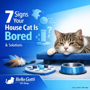 Cat lying with toys and text about boredom solutions.