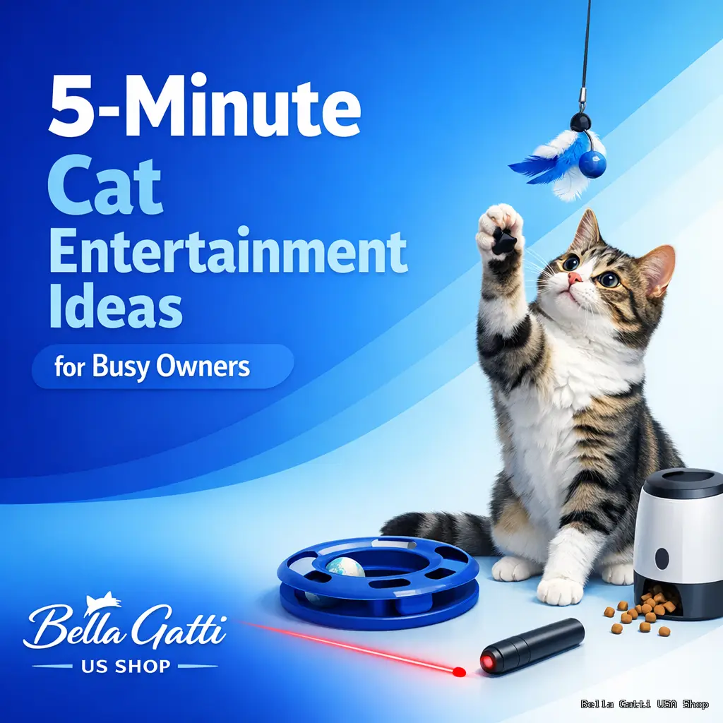 Cat playing with interactive toys on blue background.