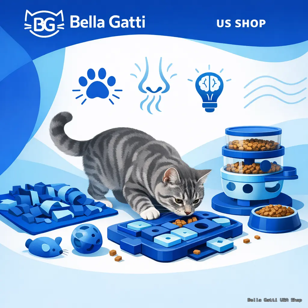 Cat playing with interactive puzzle feeder.