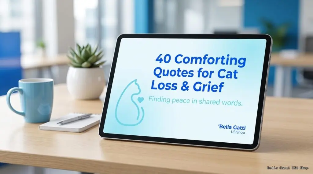A tablet on a wooden desk displays a blue and white screen that reads, “40 Comforting Quotes for Cat Loss & Grief. Finding peace in shared words.” An outline of a cat and a heart are beside the text. A small plant and pen are also on the desk in a bright office.