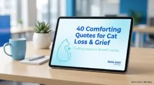 A tablet on a wooden desk displays a blue and white screen that reads, “40 Comforting Quotes for Cat Loss & Grief. Finding peace in shared words.” An outline of a cat and a heart are beside the text. A small plant and pen are also on the desk in a bright office.