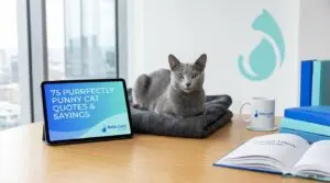 A gray cat lies on a dark blanket on a wooden desk by a window. Next to the cat is a tablet displaying “75 Purrfectly Punny Cat Quotes & Sayings,” a white mug, blue books, and an open notebook. A blue cat logo decorates the wall.