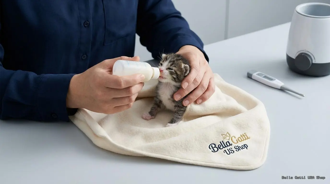 Person feeding kitten with bottle on Bella Gatti US Shop blanket.