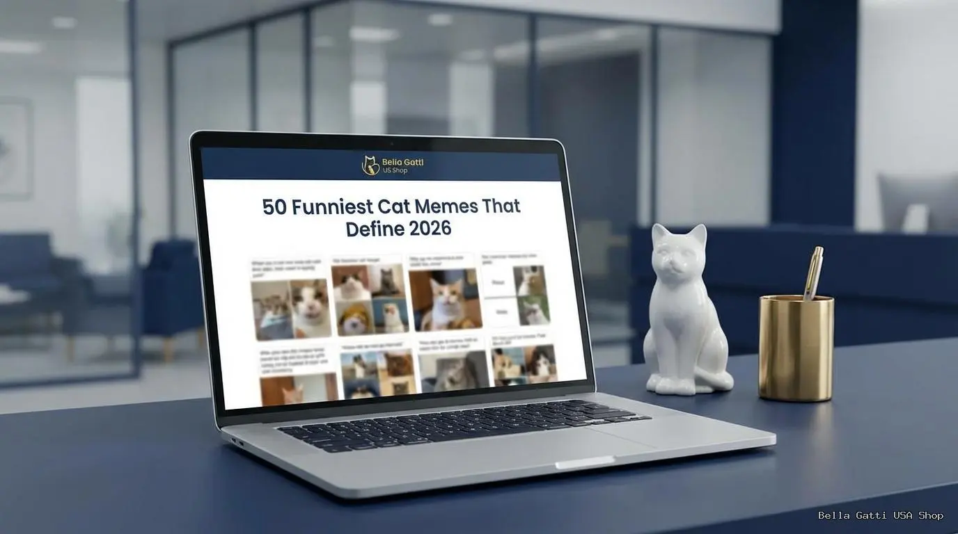Bella Gatti US Shop laptop with cat memes on screen.