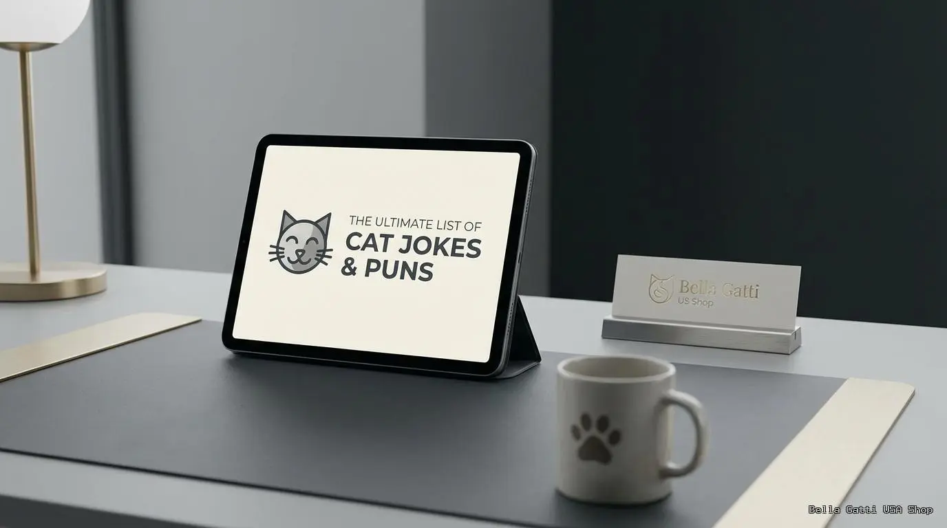 Tablet displaying cat jokes at Bella Gatti US Shop.