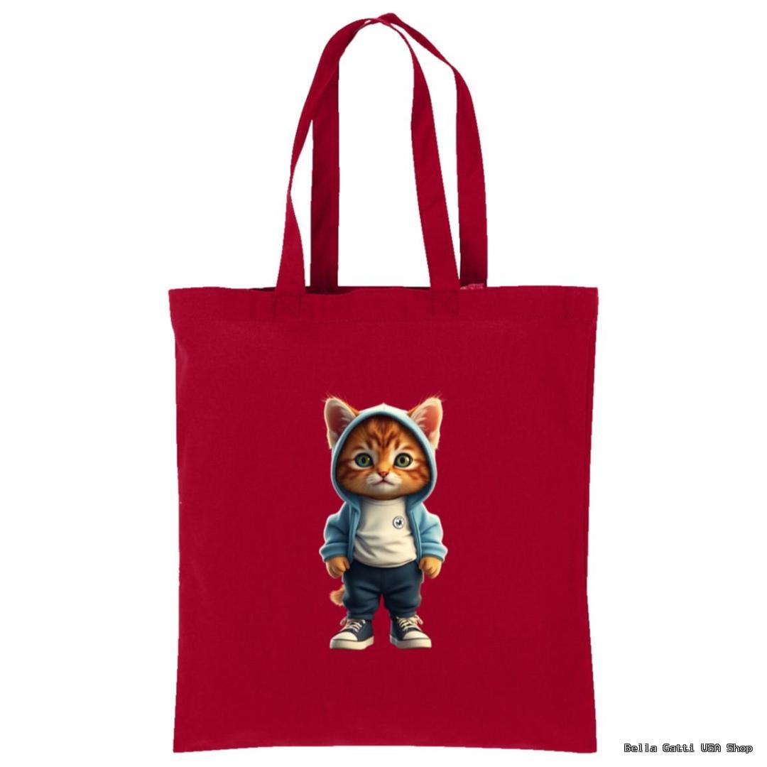 A red tote bag features an illustration of a cute, realistic orange kitten standing upright, wearing a blue hoodie, white shirt, dark pants, and sneakers. The kittens big eyes and casual outfit give it a playful, urban look.