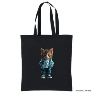 A black tote bag featuring an illustration of a cat standing upright, wearing a blue hoodie, white shirt, and sneakers. The cat has orange and white fur, with its paws in the pockets, looking forward with a cool expression.