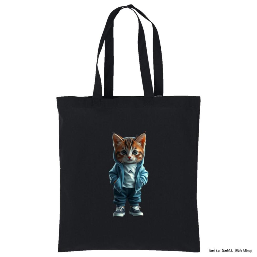 A black tote bag featuring an illustration of a cat standing upright, wearing a blue hoodie, white shirt, and sneakers. The cat has orange and white fur, with its paws in the pockets, looking forward with a cool expression.