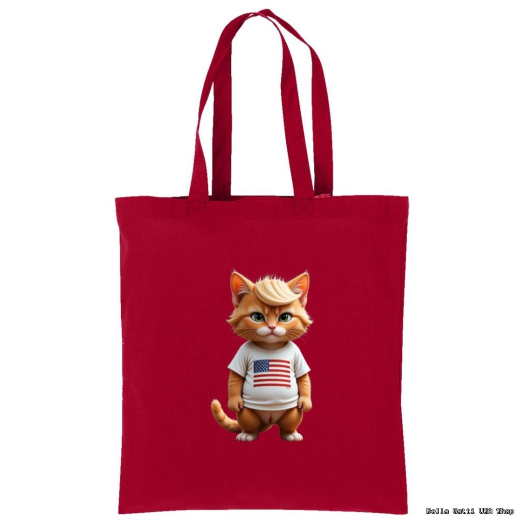 A red tote bag featuring an illustration of an orange cat standing upright, wearing a white T-shirt with an American flag printed on the front. The cat has a confident expression and a hairstyle resembling a comb-over.