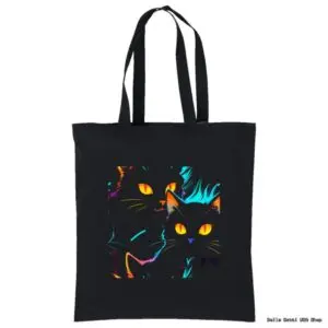 A black tote bag featuring a vibrant, neon-style illustration of two black cats with glowing yellow eyes and colorful outlines in blue, orange, and purple hues. The cats’ faces appear alert and expressive against the dark background.