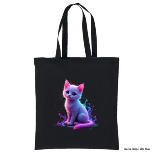 A black tote bag features a digital illustration of a cute, wide-eyed kitten with purple and blue fur, sitting with a neon glow and colorful swirls around it. The kitten looks curious and playful, centered on the bag’s front.