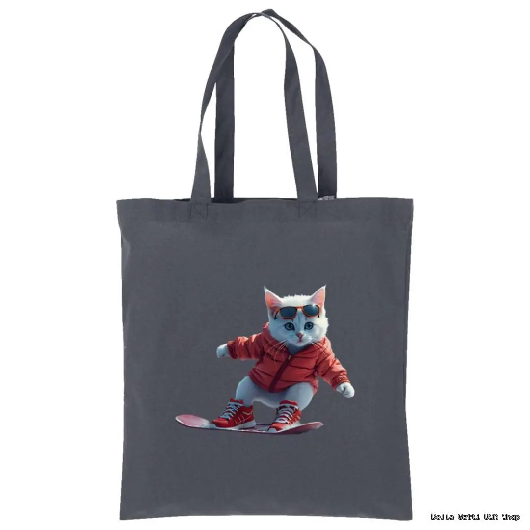 A dark gray tote bag features an illustration of a white cat wearing red sunglasses, a red puffer jacket, and sneakers while riding a pink skateboard. The cat has a confident expression, and the bag has two handles.