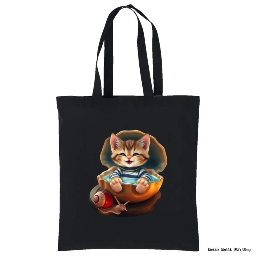 A black tote bag features a cute illustration of a smiling kitten sitting inside a cracked eggshell, wearing a blue-and-white striped shirt. A small snail rests nearby on the ground. The image is centered on the tote bag.